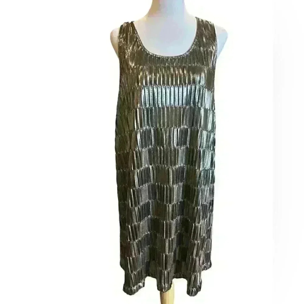 Minkpink Metallic Shiny Silver Midi Dress Size Medium With A Scoop Neckline